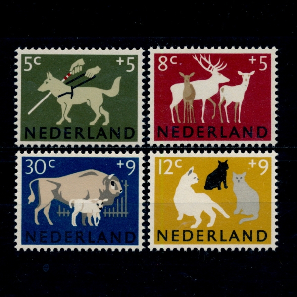 NETHERLANDS(네덜란드)-#B388~91(4종)-DOG, DEER, KITTEN, BISON(개,사슴,소,고양이)-1964.4.21일