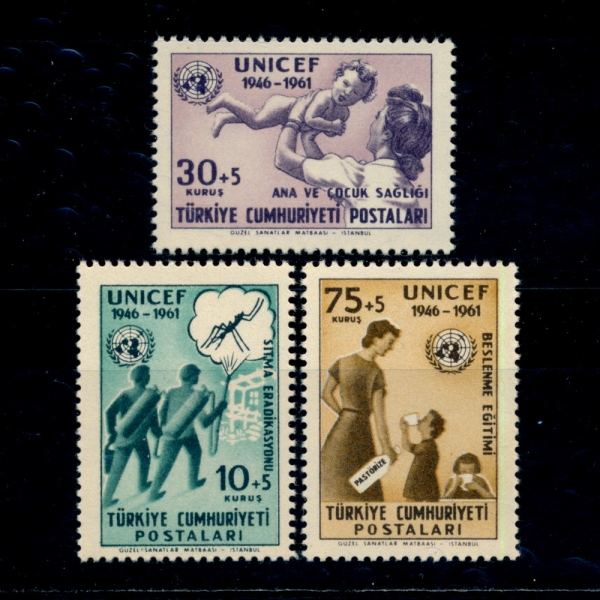 TURKEY(터키)-#B85~7(3종)-ANTI-MALARIA WORK AND UNICEF(항 말라리아,유니세프)-1961.12.11일