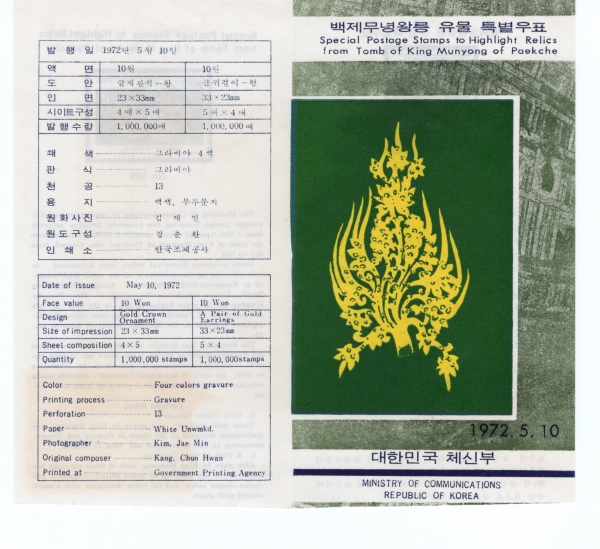 백제무녕왕릉 유물-얇은 용지-우표발행 안내카드-1972.5.10일