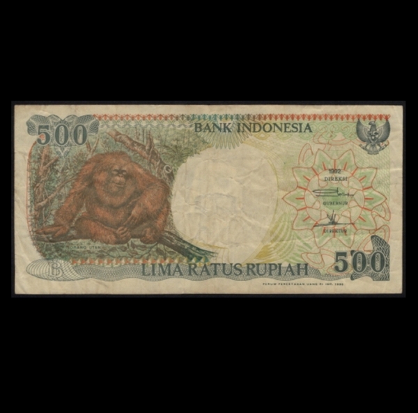 INDONESIA-인도네시아-#128a-500 RUPIAH-ORANGUTAN(오랑우탄)-1992년